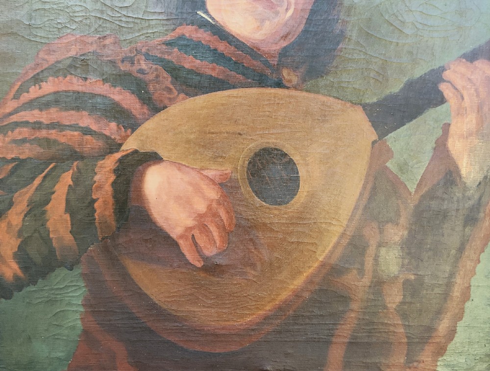 An oil painting on canvas depicting a seated musician playing a lute in a red and black striped tunic against an olive green background, housed within a dark carved frame. View VII