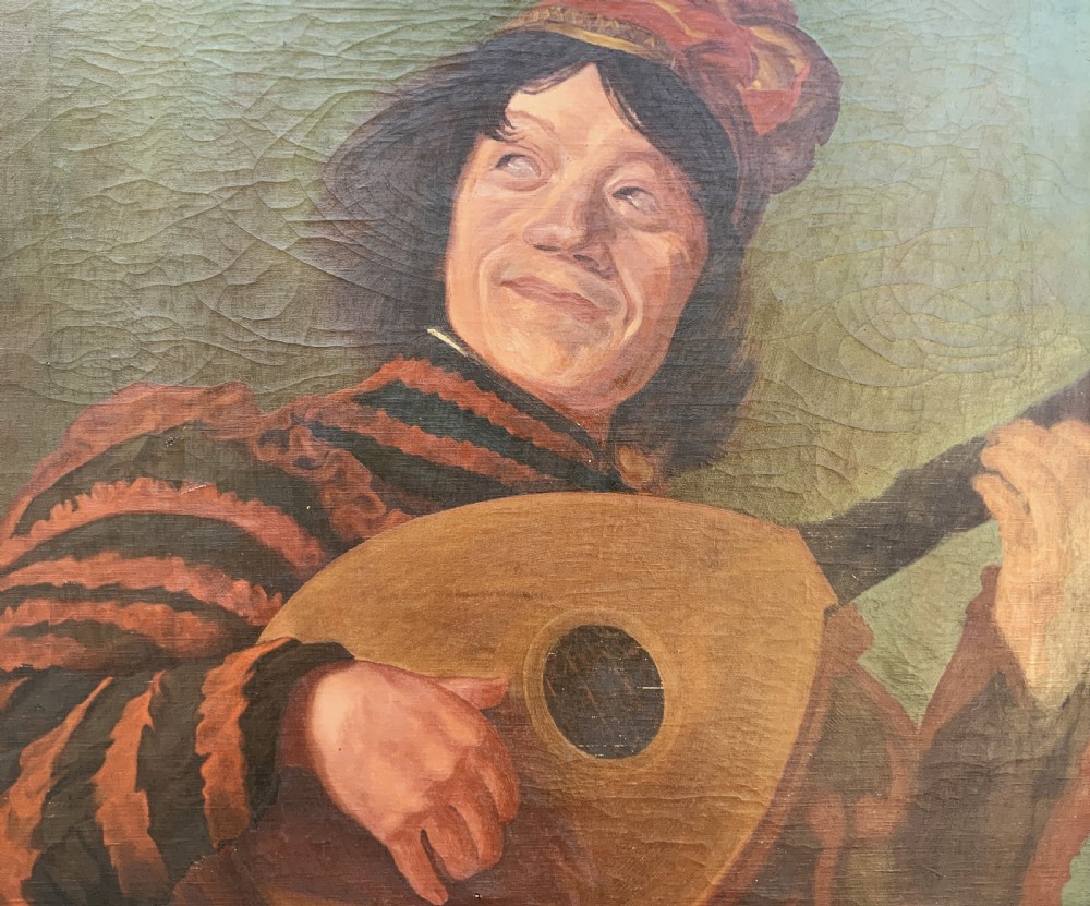 An oil painting on canvas depicting a seated musician playing a lute in a red and black striped tunic against an olive green background, housed within a dark carved frame. View VIII