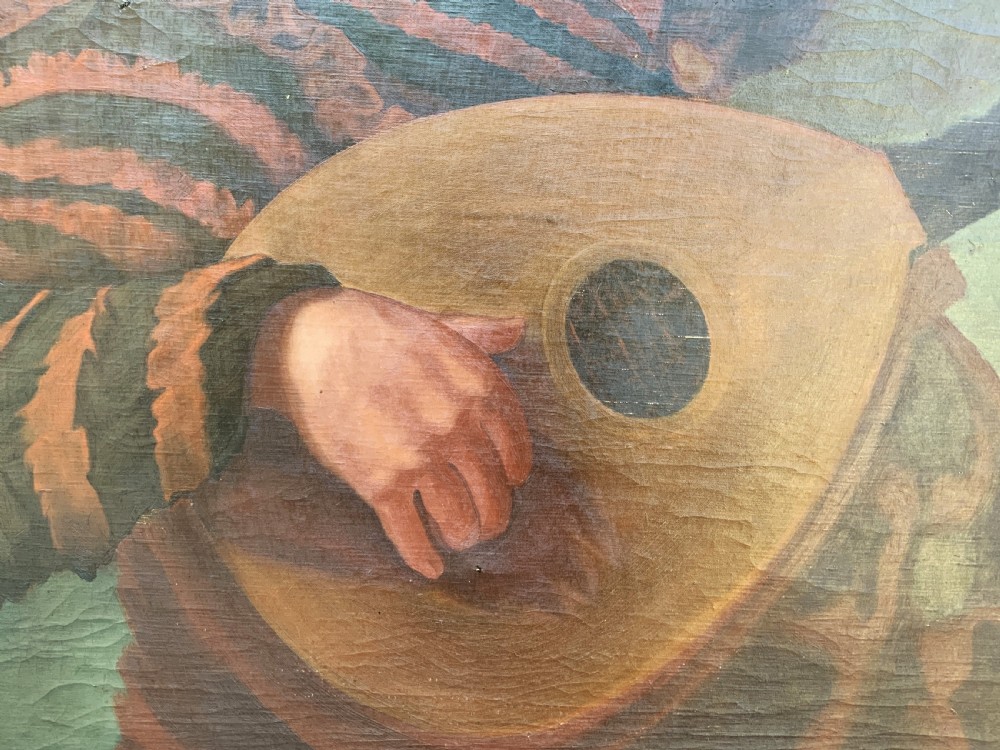 An oil painting on canvas depicting a seated musician playing a lute in a red and black striped tunic against an olive green background, housed within a dark carved frame. View IX
