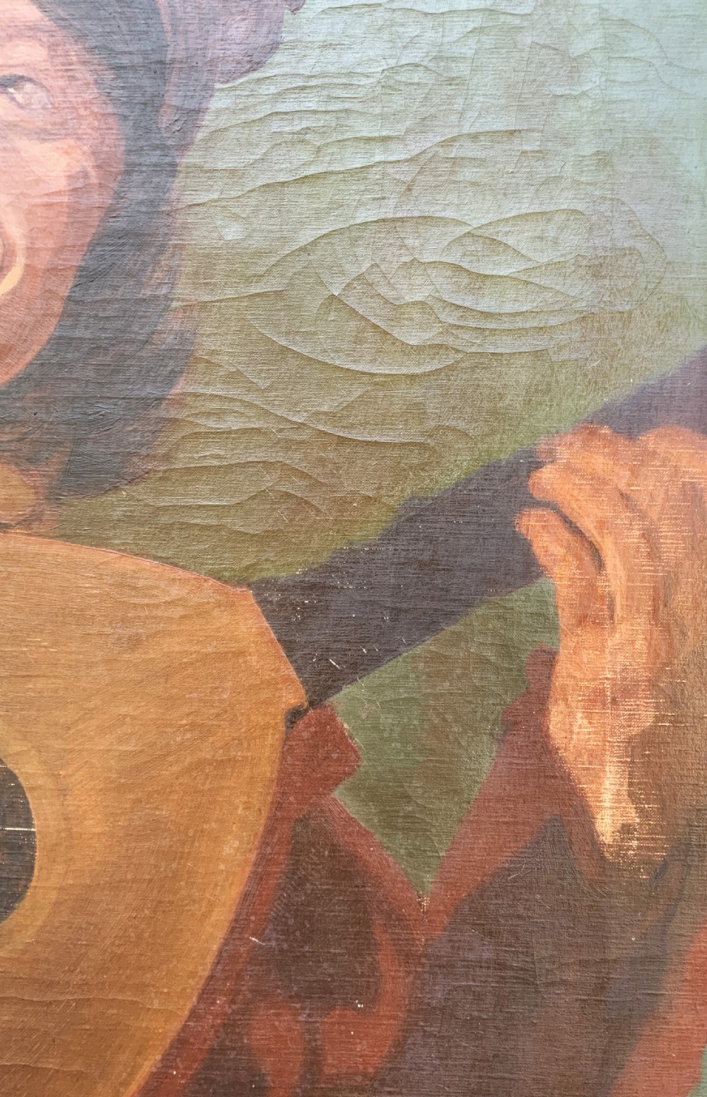 An oil painting on canvas depicting a seated musician playing a lute in a red and black striped tunic against an olive green background, housed within a dark carved frame. View X