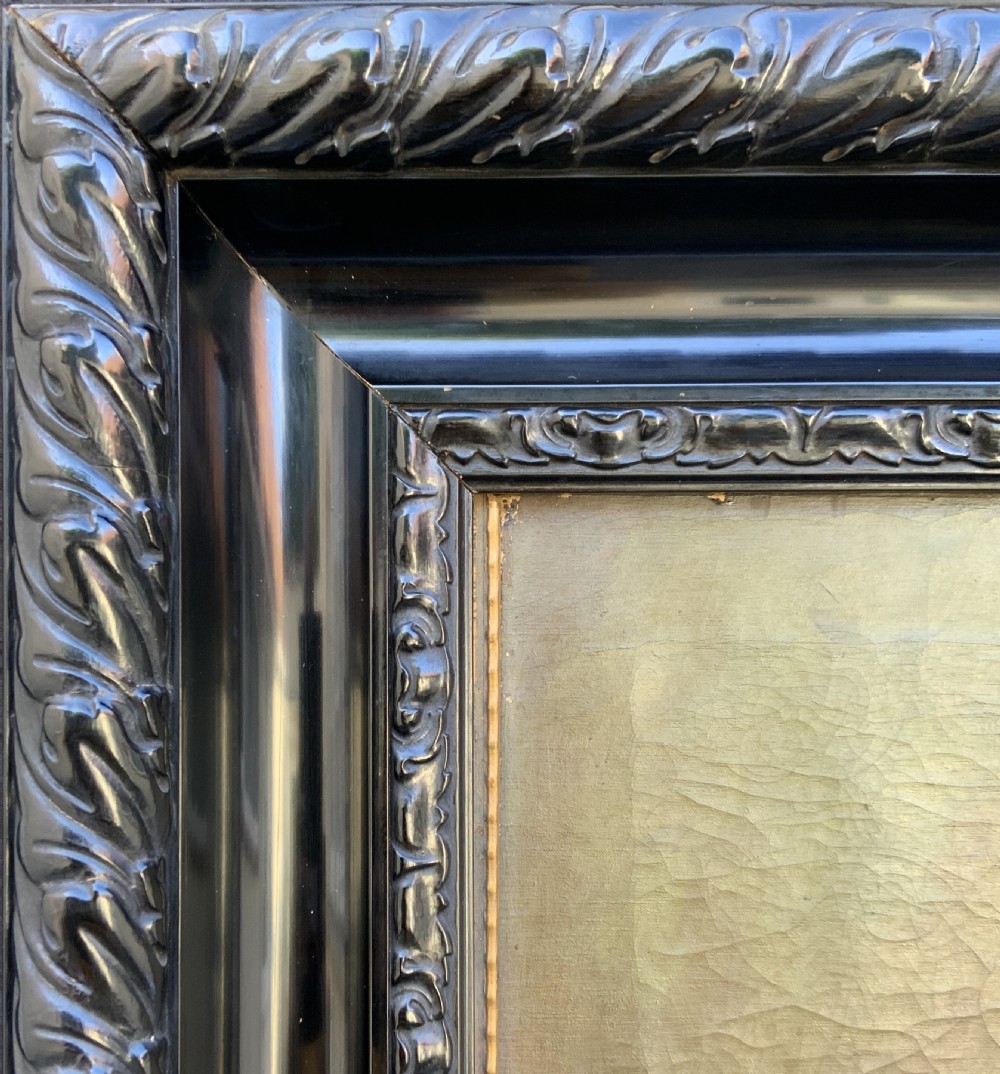 An oil painting on canvas depicting a seated musician playing a lute in a red and black striped tunic against an olive green background, housed within a dark carved frame. View XIV