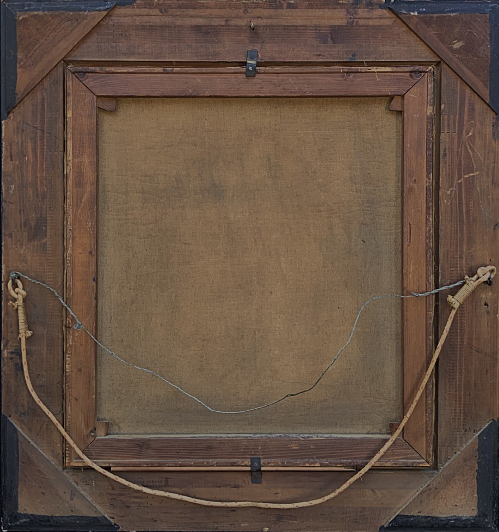 An oil painting on canvas depicting a seated musician playing a lute in a red and black striped tunic against an olive green background, housed within a dark carved frame. View XV