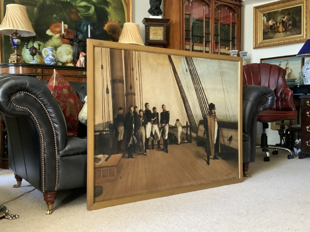 A large horizontal oil painting depicting Napoleon Bonaparte standing on a wooden ship deck surrounded by naval staff. View III