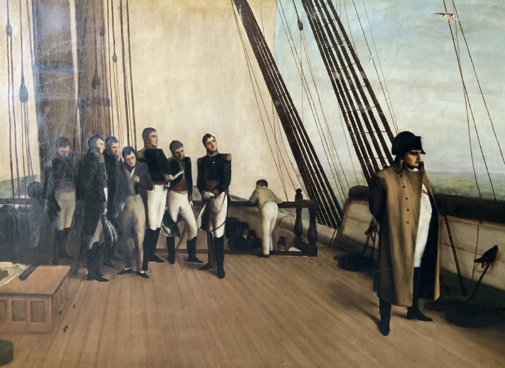 A large horizontal oil painting depicting Napoleon Bonaparte standing on a wooden ship deck surrounded by naval staff. View V