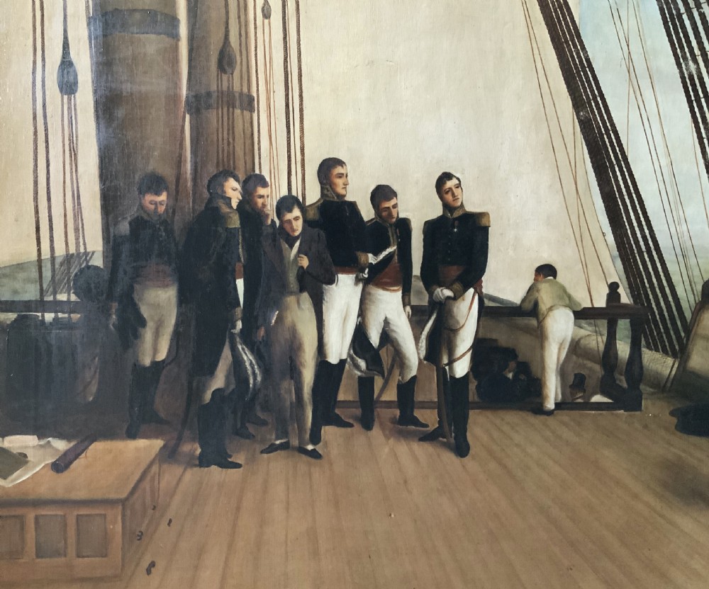 A large horizontal oil painting depicting Napoleon Bonaparte standing on a wooden ship deck surrounded by naval staff. View VI