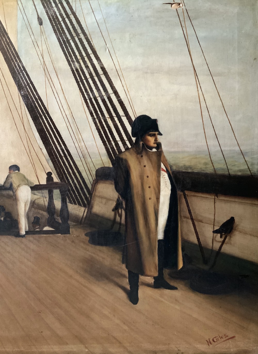 A large horizontal oil painting depicting Napoleon Bonaparte standing on a wooden ship deck surrounded by naval staff. View VII
