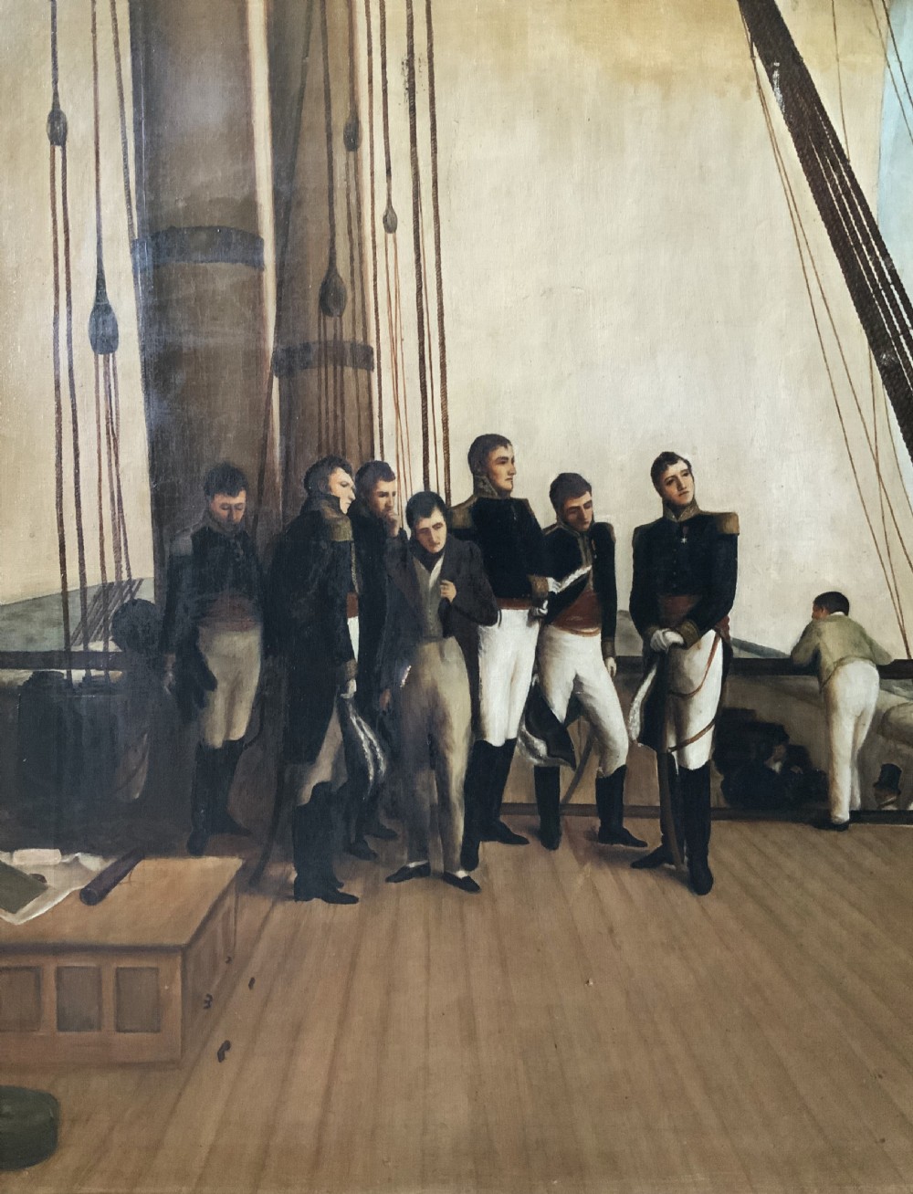 A large horizontal oil painting depicting Napoleon Bonaparte standing on a wooden ship deck surrounded by naval staff. View VIII