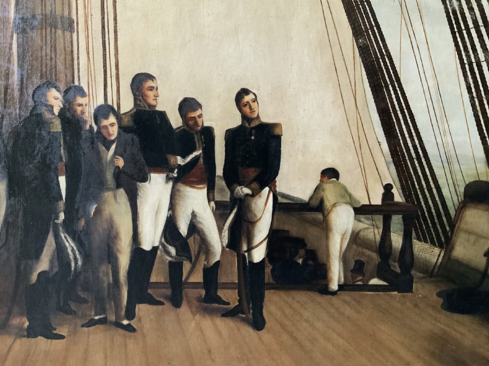 A large horizontal oil painting depicting Napoleon Bonaparte standing on a wooden ship deck surrounded by naval staff. View IX