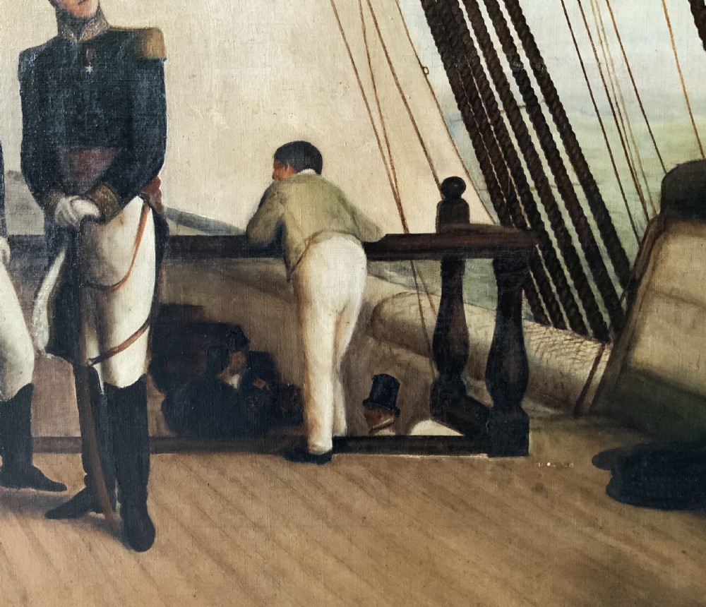 A large horizontal oil painting depicting Napoleon Bonaparte standing on a wooden ship deck surrounded by naval staff. View XI