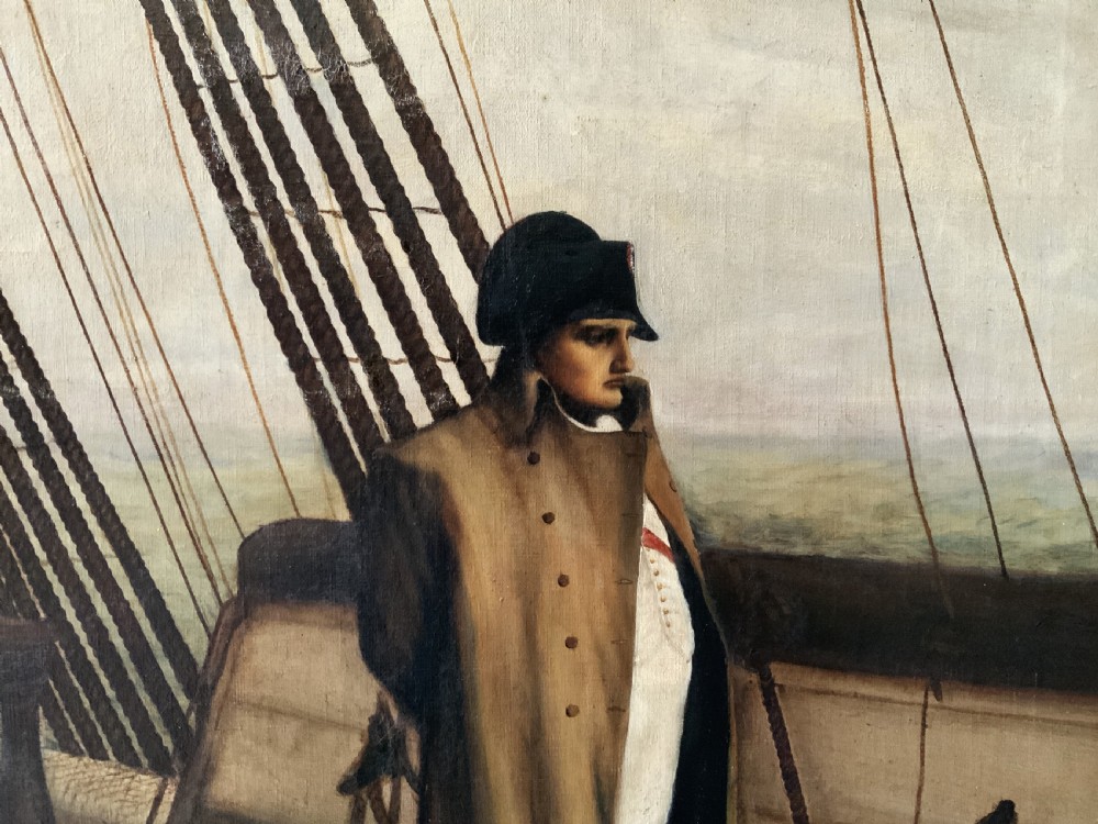 A large horizontal oil painting depicting Napoleon Bonaparte standing on a wooden ship deck surrounded by naval staff. View XII