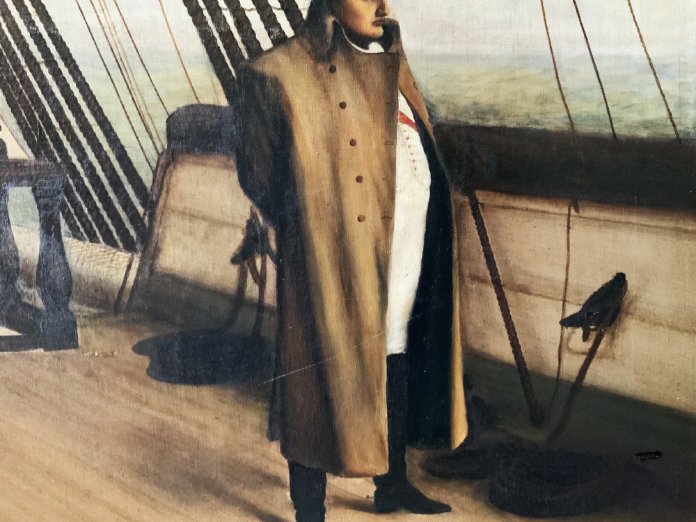 A large horizontal oil painting depicting Napoleon Bonaparte standing on a wooden ship deck surrounded by naval staff. View XIII