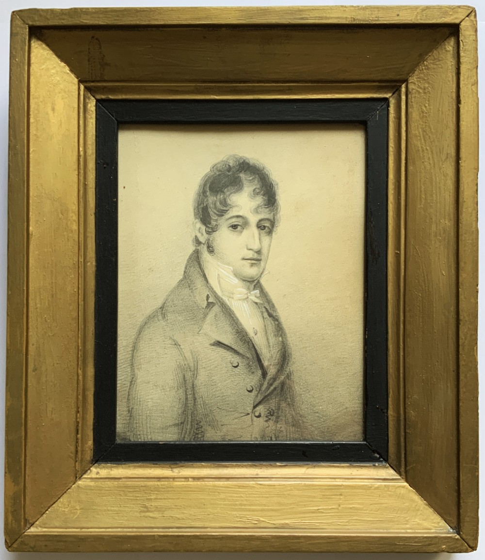Miniature Georgian Portrait Painting Pencil & Gouache Drawing c. 1810