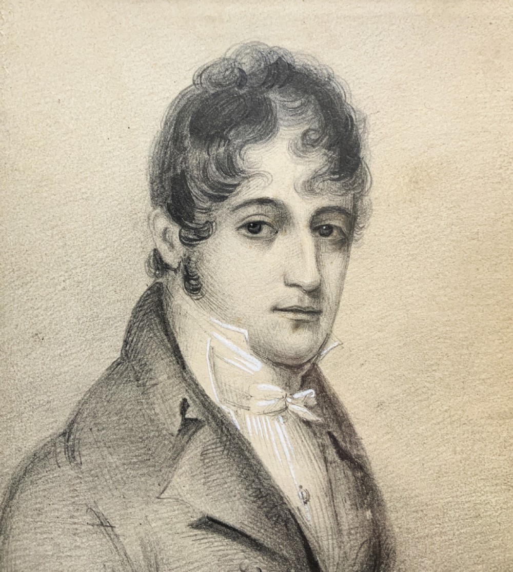 Miniature Georgian Portrait Painting Pencil & Gouache Drawing c. 1810 View VI