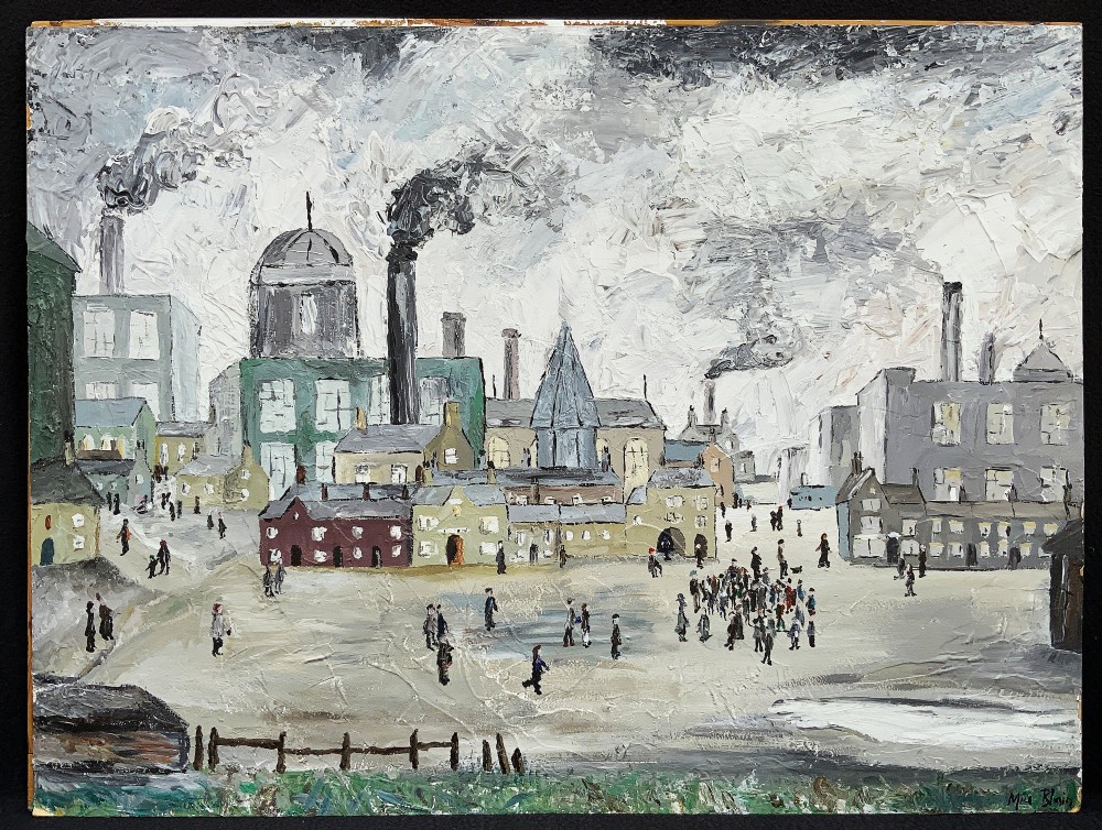 An impasto oil painting on board depicting a Northern English industrial townscape with smoking factory chimneys, terraced houses, and small figures.