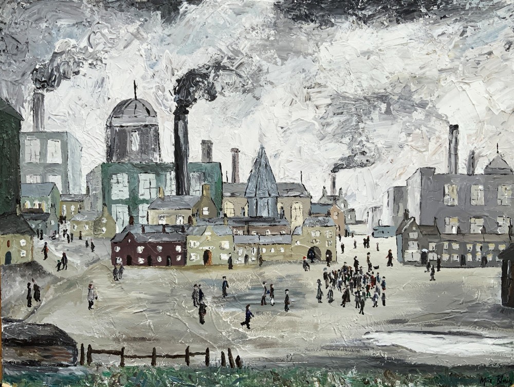 An impasto oil painting on board depicting a Northern English industrial townscape with smoking factory chimneys, terraced houses, and small figures. View II