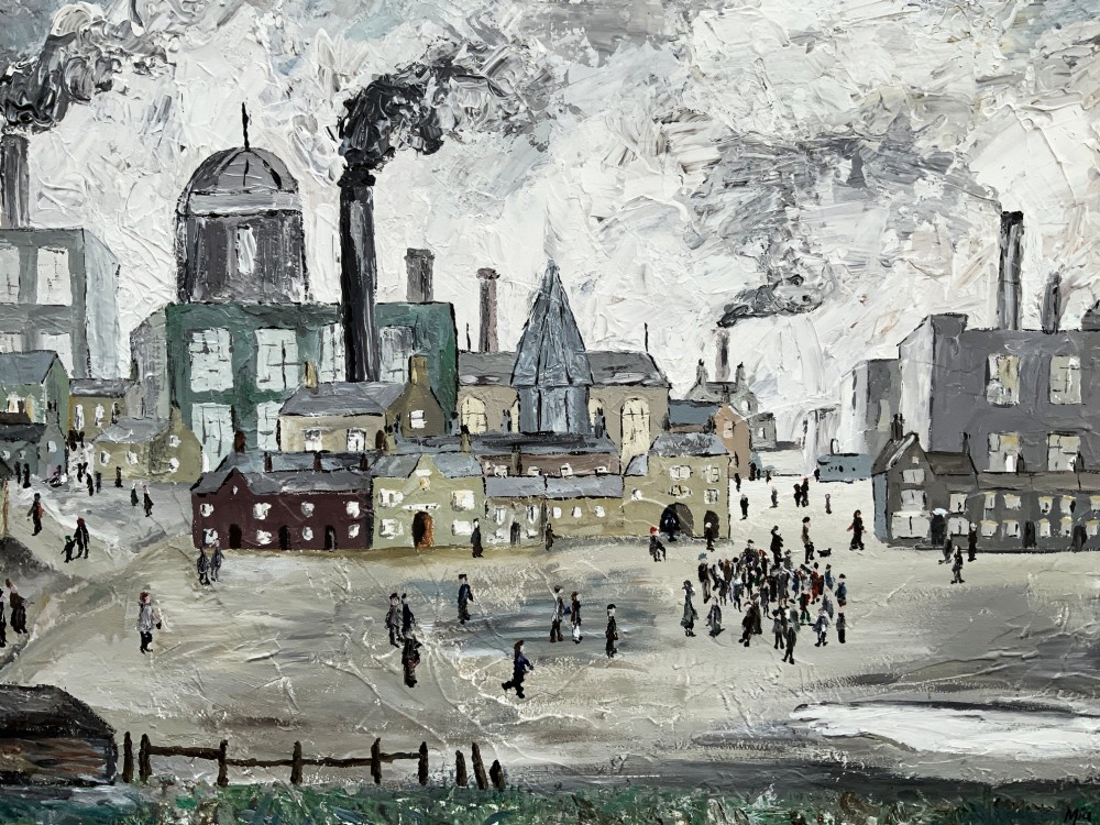 An impasto oil painting on board depicting a Northern English industrial townscape with smoking factory chimneys, terraced houses, and small figures. View III