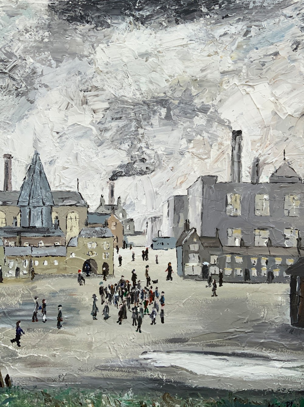 An impasto oil painting on board depicting a Northern English industrial townscape with smoking factory chimneys, terraced houses, and small figures. View IV