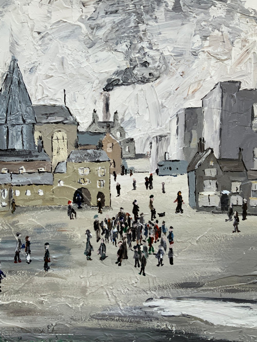 An impasto oil painting on board depicting a Northern English industrial townscape with smoking factory chimneys, terraced houses, and small figures. View V