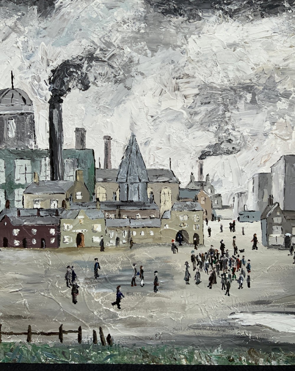 An impasto oil painting on board depicting a Northern English industrial townscape with smoking factory chimneys, terraced houses, and small figures. View VI