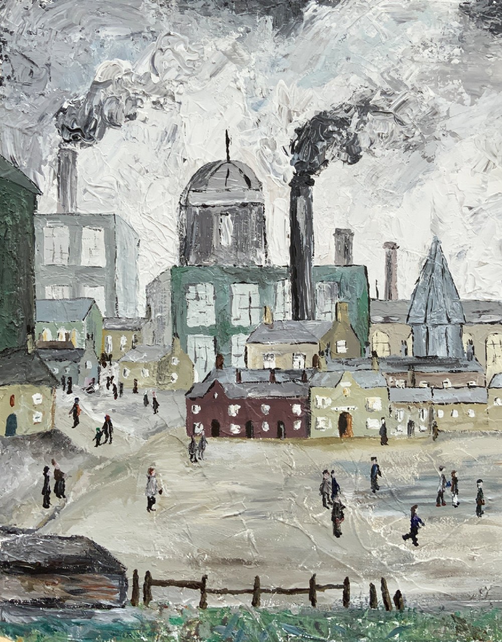 An impasto oil painting on board depicting a Northern English industrial townscape with smoking factory chimneys, terraced houses, and small figures. View VIII