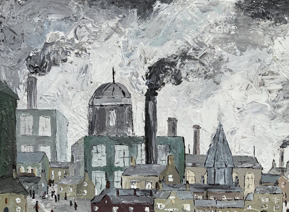 An impasto oil painting on board depicting a Northern English industrial townscape with smoking factory chimneys, terraced houses, and small figures. View IX