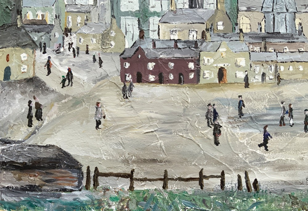An impasto oil painting on board depicting a Northern English industrial townscape with smoking factory chimneys, terraced houses, and small figures. View X