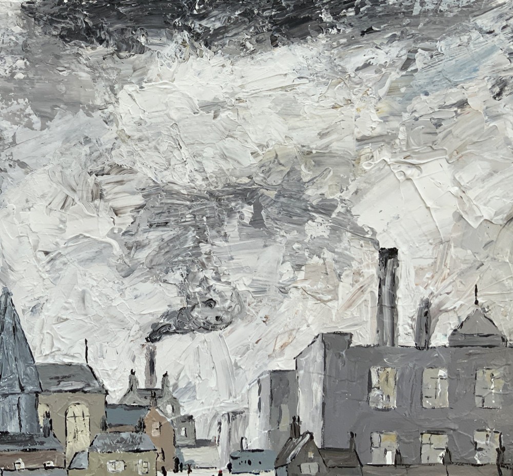 An impasto oil painting on board depicting a Northern English industrial townscape with smoking factory chimneys, terraced houses, and small figures. View XI