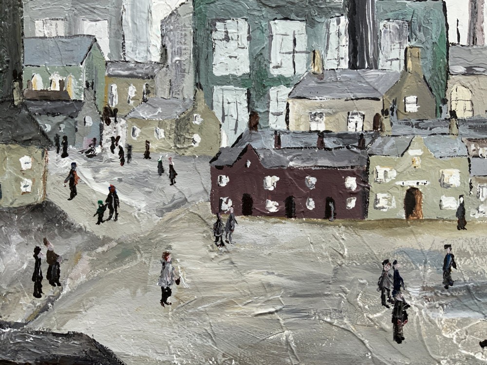 An impasto oil painting on board depicting a Northern English industrial townscape with smoking factory chimneys, terraced houses, and small figures. View XII