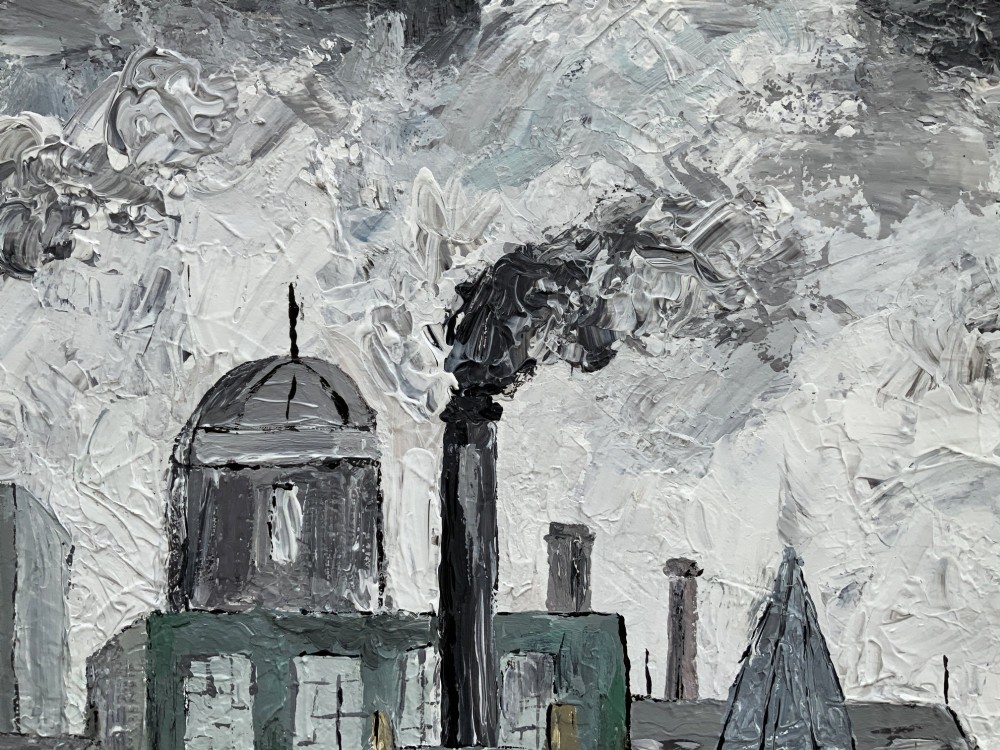 An impasto oil painting on board depicting a Northern English industrial townscape with smoking factory chimneys, terraced houses, and small figures. View XIII