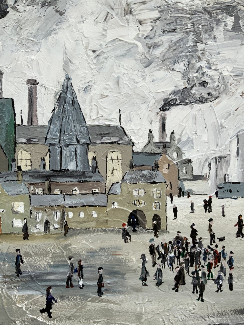 An impasto oil painting on board depicting a Northern English industrial townscape with smoking factory chimneys, terraced houses, and small figures. View XIV