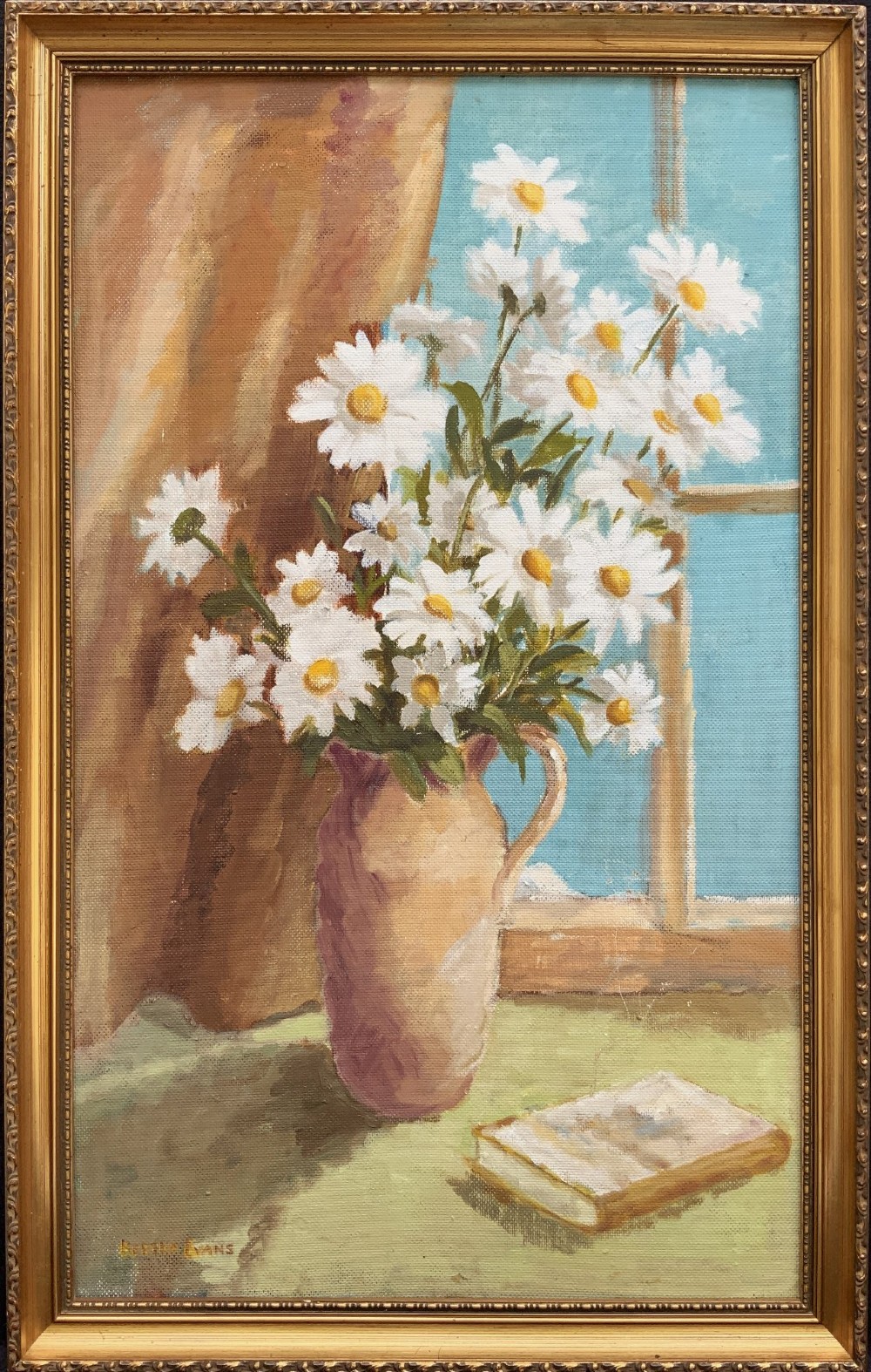 An impressionist oil painting depicting a vase of white daisies and a book on a window sill set within a gold moulding frame.
