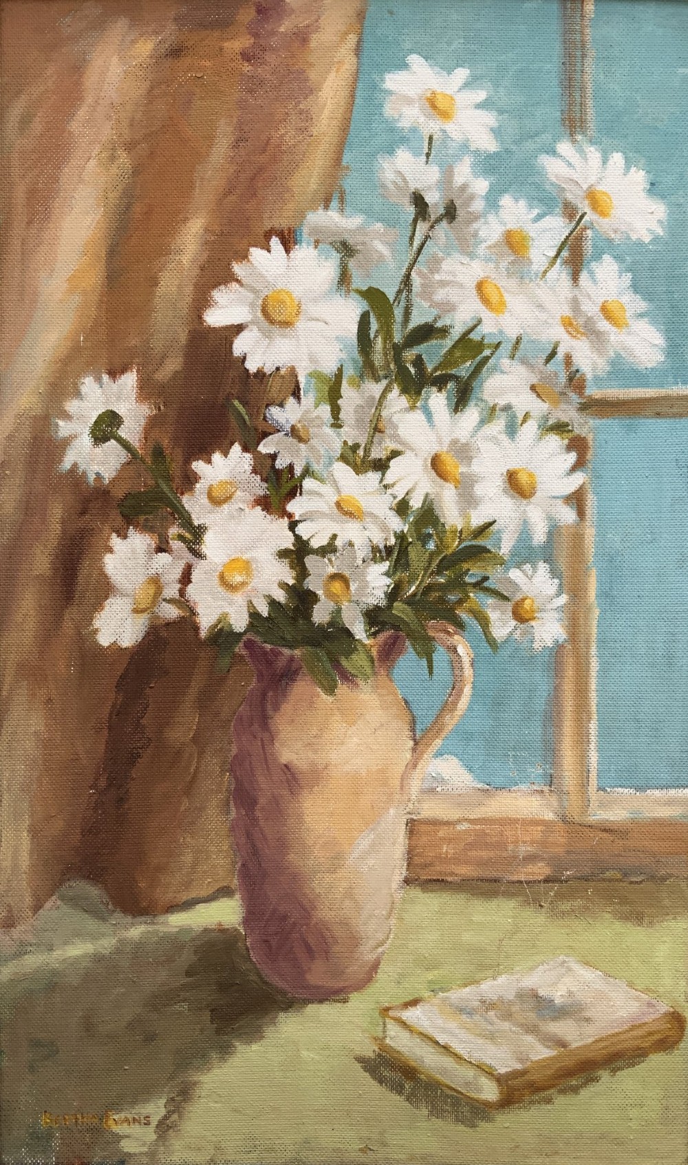 An impressionist oil painting depicting a vase of white daisies and a book on a window sill set within a gold moulding frame. View III