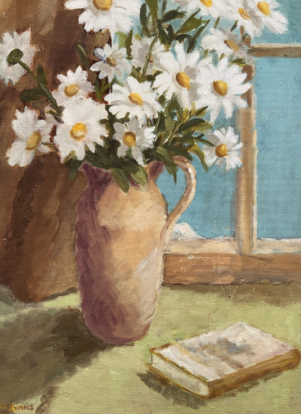 An impressionist oil painting depicting a vase of white daisies and a book on a window sill set within a gold moulding frame. View IV