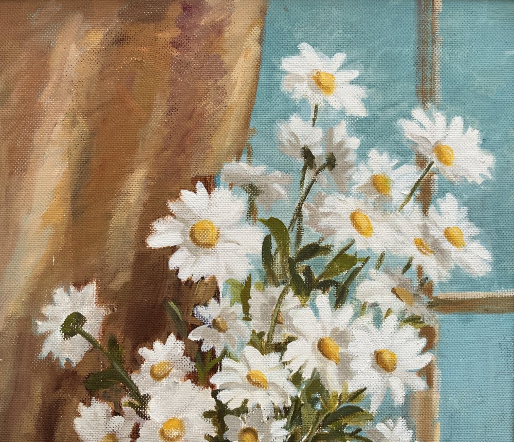 An impressionist oil painting depicting a vase of white daisies and a book on a window sill set within a gold moulding frame. View V