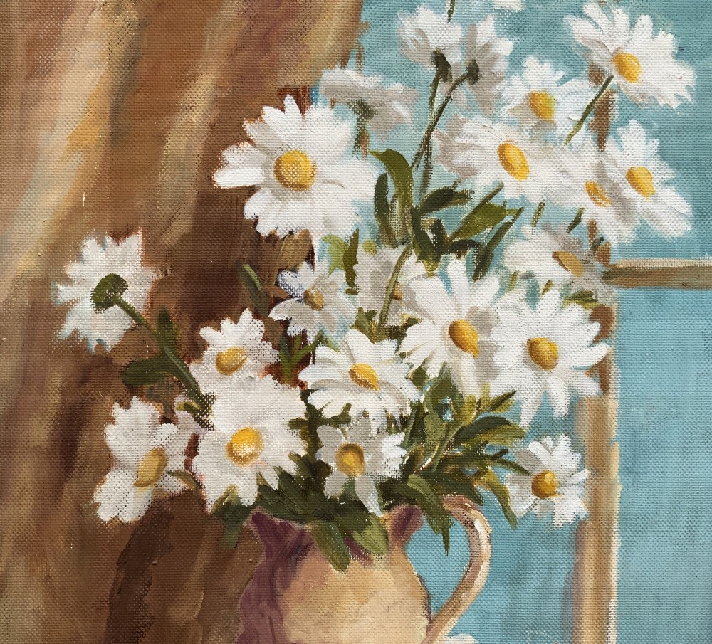 An impressionist oil painting depicting a vase of white daisies and a book on a window sill set within a gold moulding frame. View VI