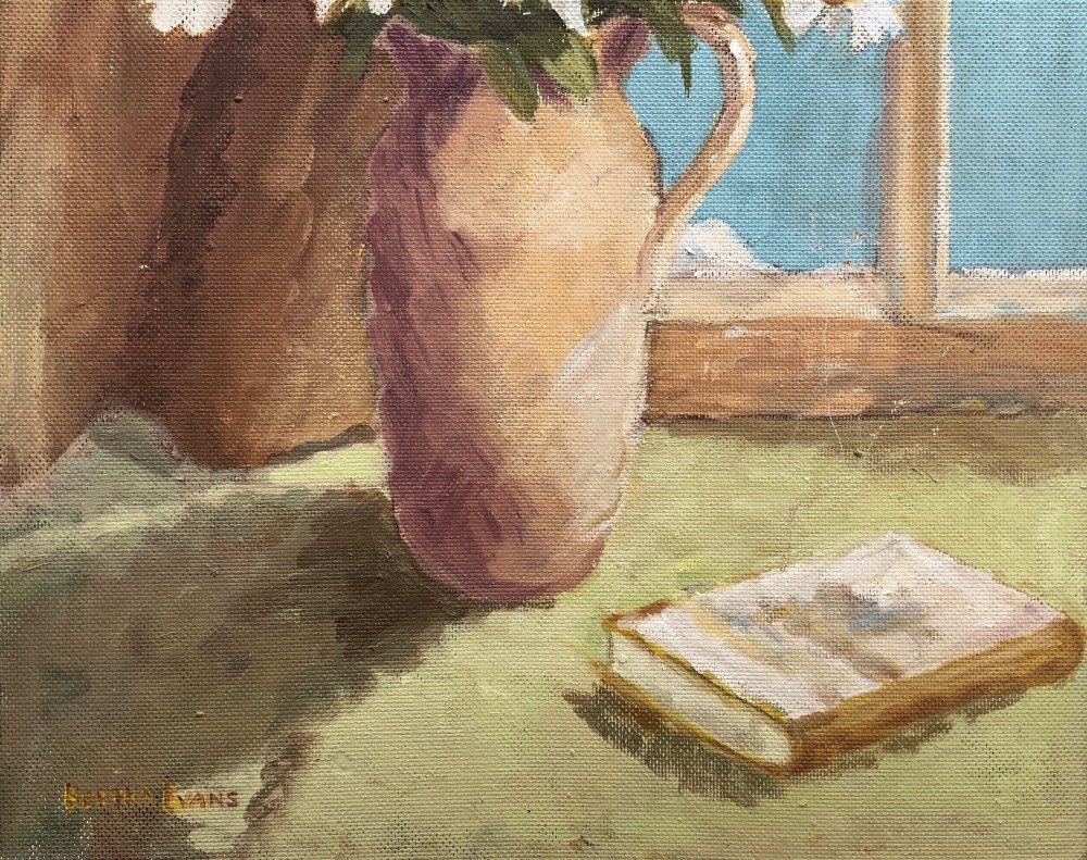 An impressionist oil painting depicting a vase of white daisies and a book on a window sill set within a gold moulding frame. View VII
