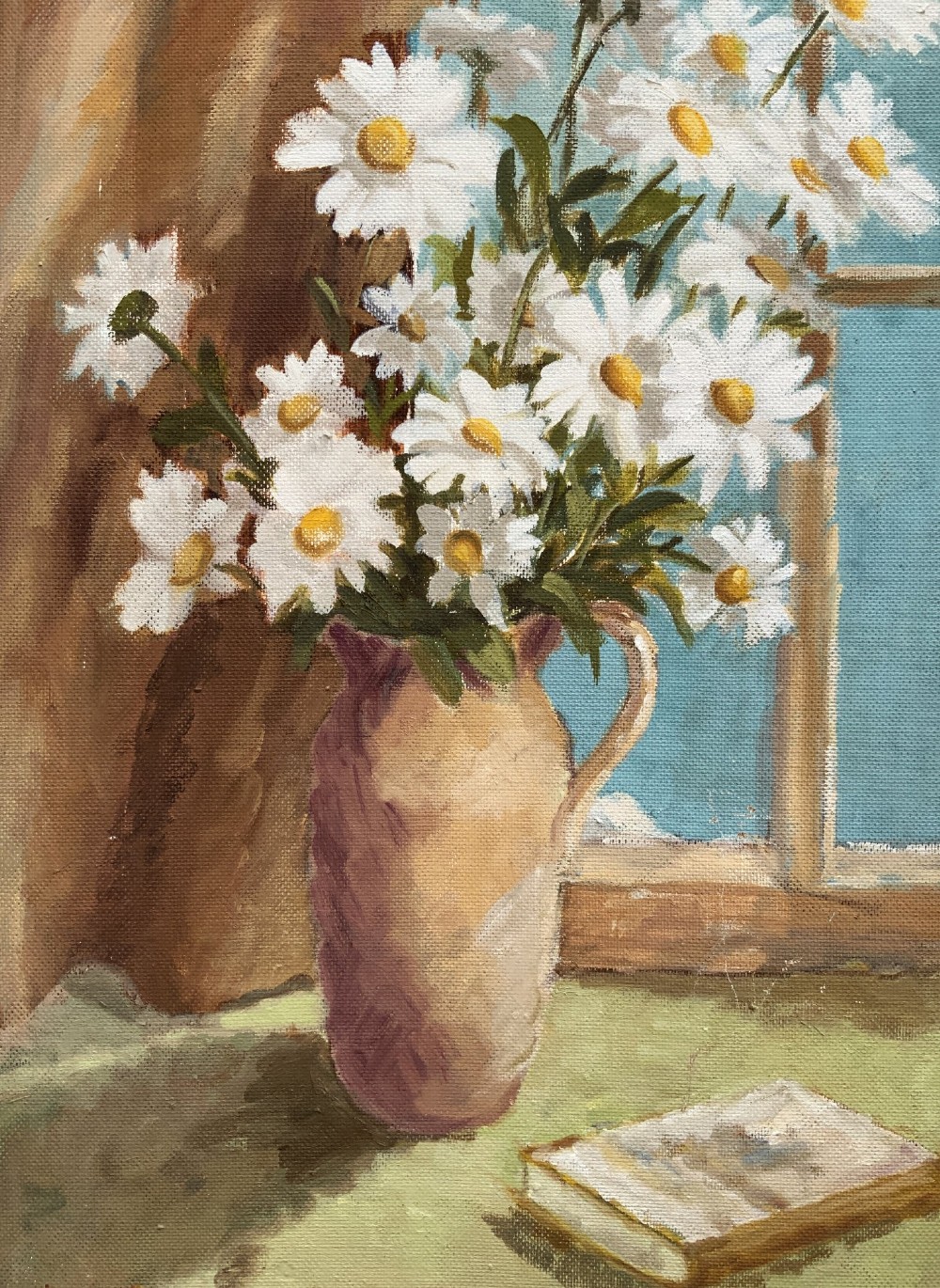 An impressionist oil painting depicting a vase of white daisies and a book on a window sill set within a gold moulding frame. View VIII