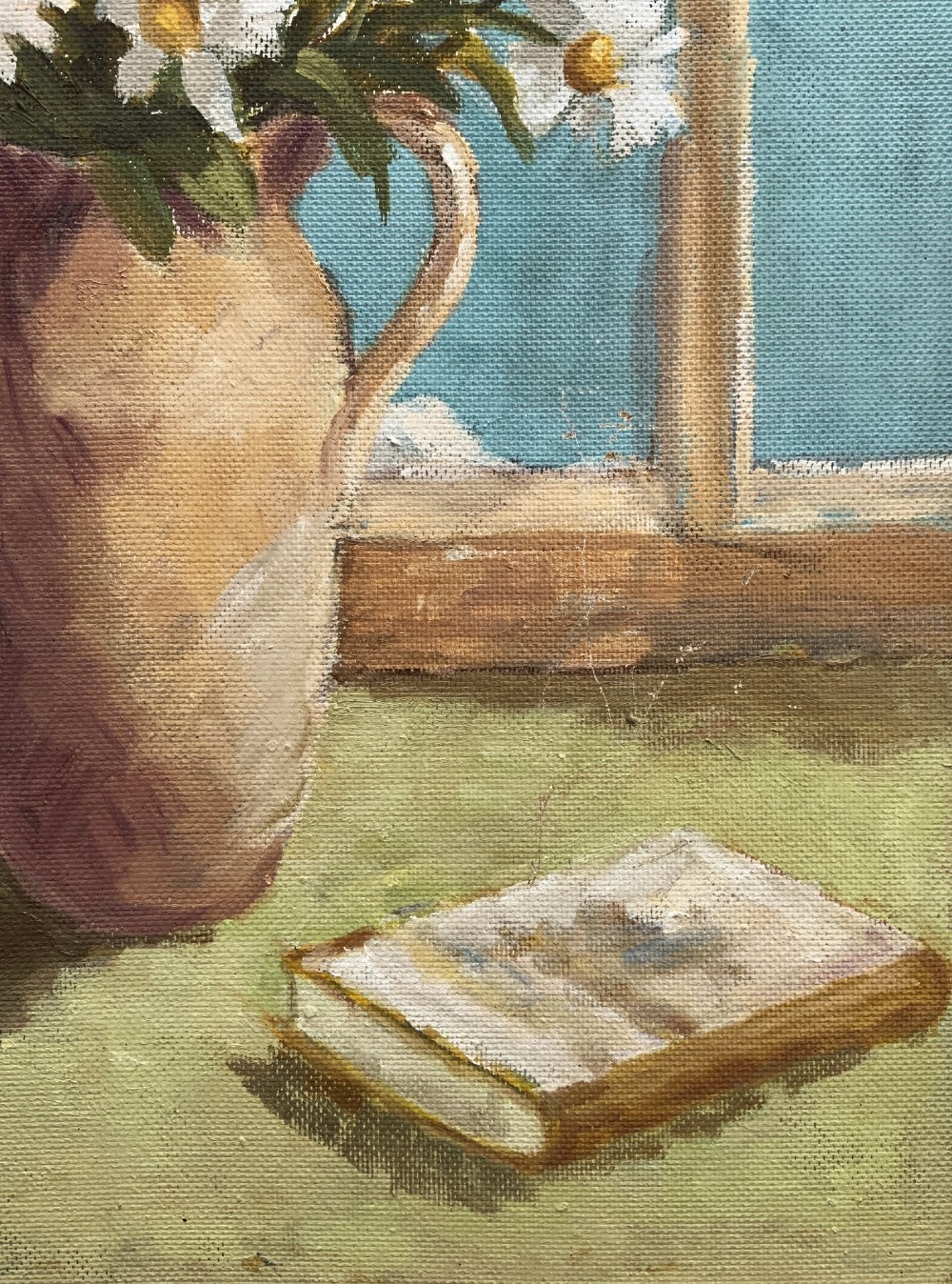 An impressionist oil painting depicting a vase of white daisies and a book on a window sill set within a gold moulding frame. View IX