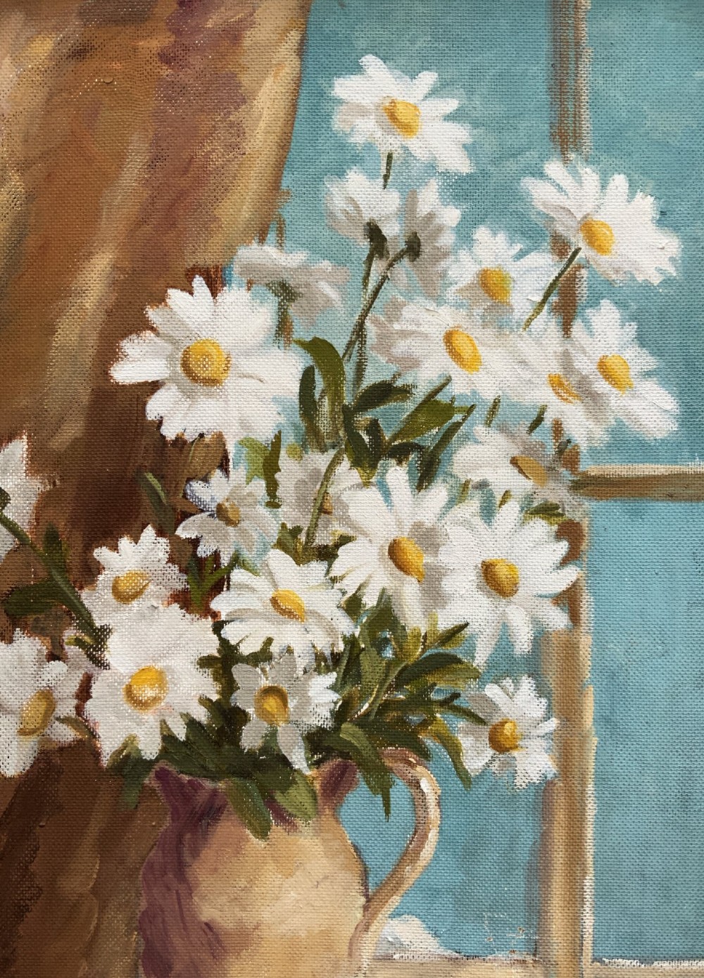 An impressionist oil painting depicting a vase of white daisies and a book on a window sill set within a gold moulding frame. View X