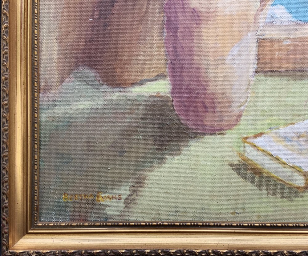 An impressionist oil painting depicting a vase of white daisies and a book on a window sill set within a gold moulding frame. View XI