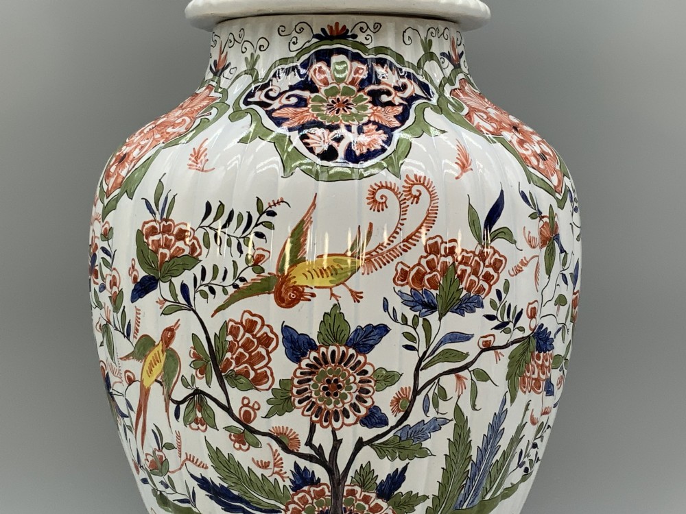 Huge c. 1900 Dutch Delft Polychrome Parrot Vase Chinoiserie Ribbed Vases View VI