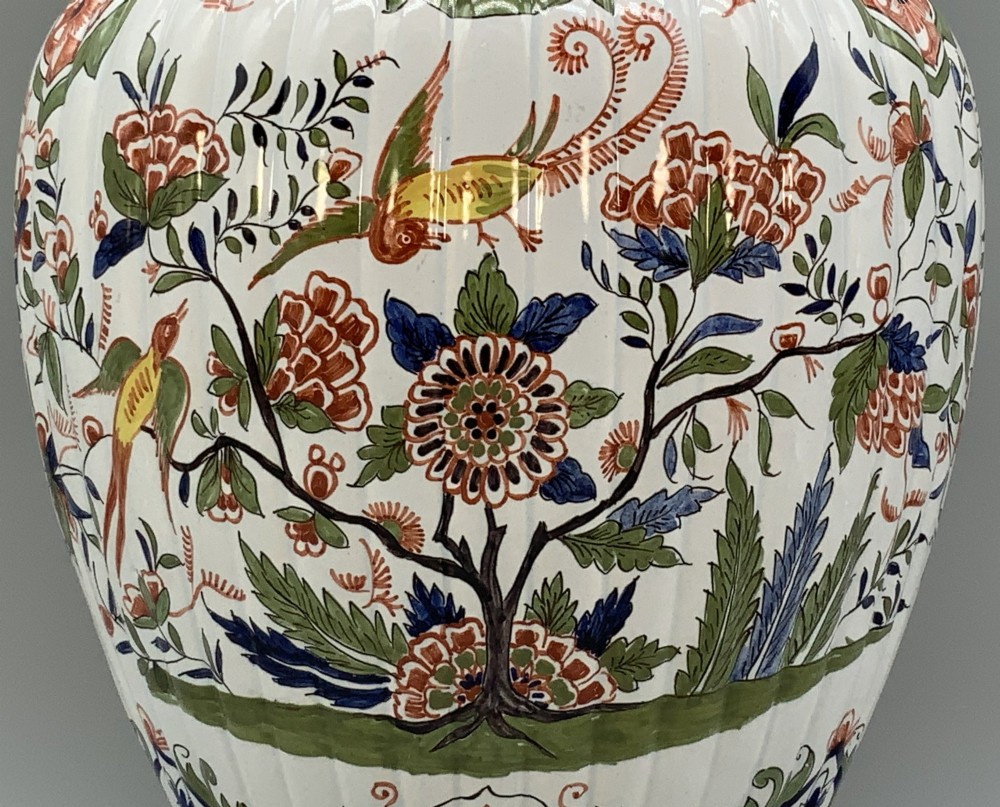 Huge c. 1900 Dutch Delft Polychrome Parrot Vase Chinoiserie Ribbed Vases View VII