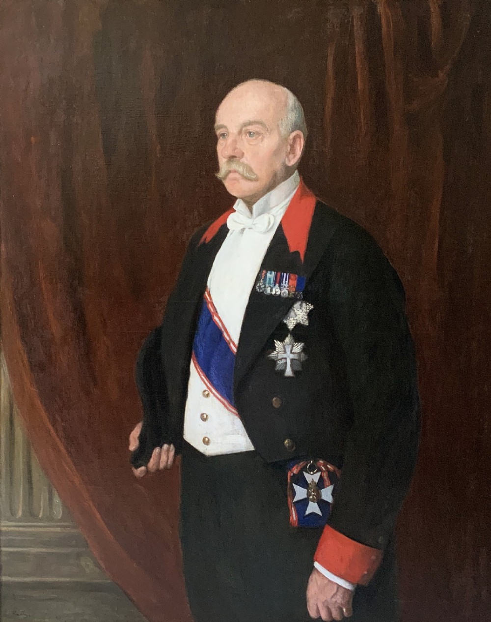 A pair of large 19th-century oil paintings depicting a gentleman in military uniform and a lady in formal dress, framed in heavy gilded mouldings. View IV