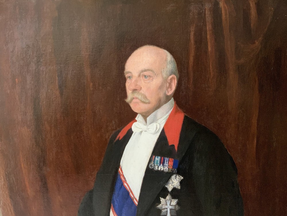 A pair of large 19th-century oil paintings depicting a gentleman in military uniform and a lady in formal dress, framed in heavy gilded mouldings. View V