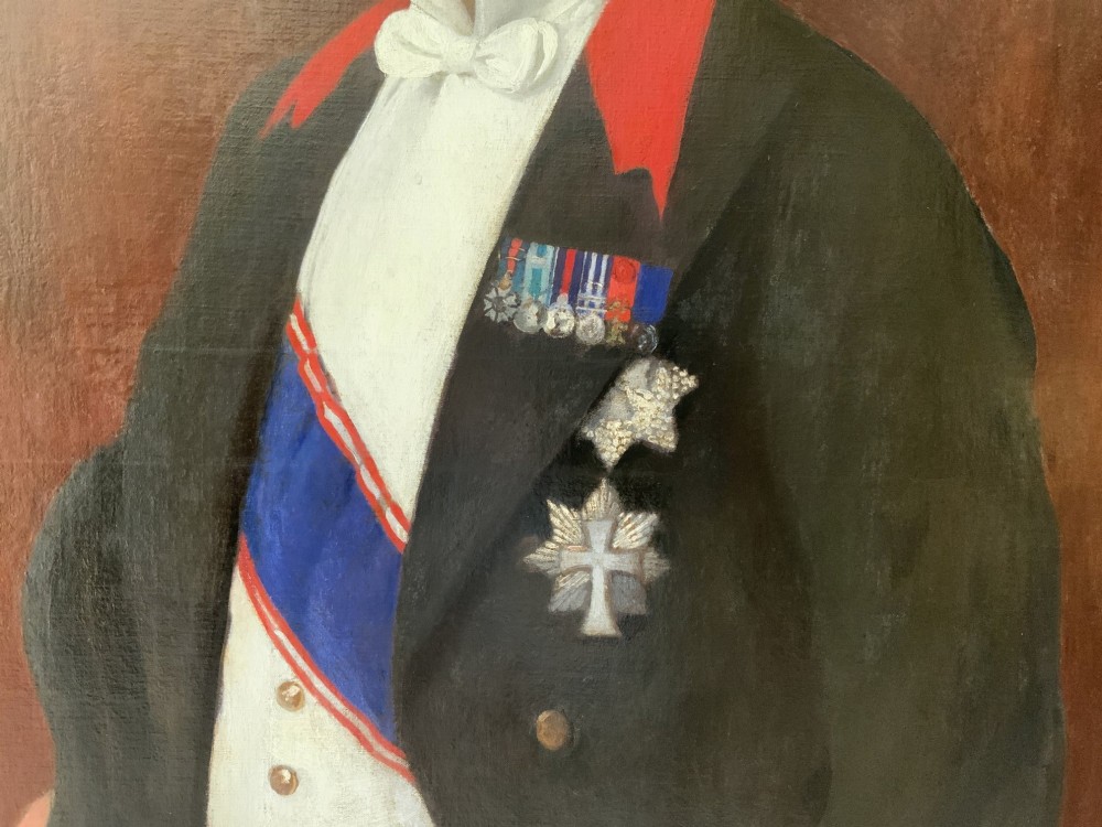 A pair of large 19th-century oil paintings depicting a gentleman in military uniform and a lady in formal dress, framed in heavy gilded mouldings. View VI