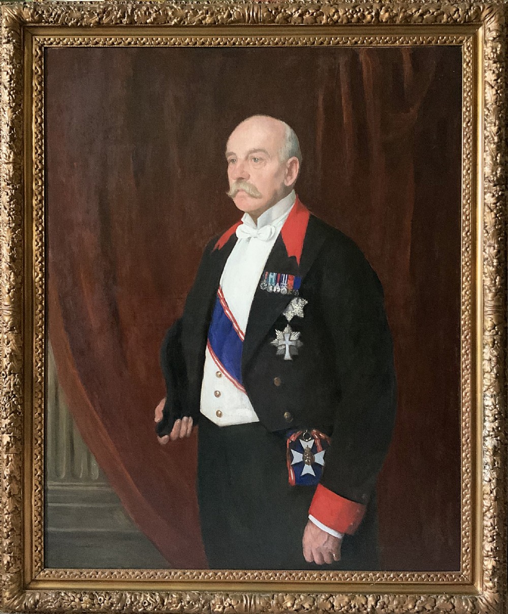 A pair of large 19th-century oil paintings depicting a gentleman in military uniform and a lady in formal dress, framed in heavy gilded mouldings. View VIII