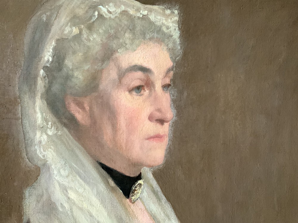 A pair of large 19th-century oil paintings depicting a gentleman in military uniform and a lady in formal dress, framed in heavy gilded mouldings. View XI