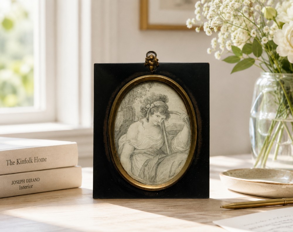 Georgian Miniature Pen and Ink Portrait Drawing - 18th Century Ebony Frame 2of3 View II