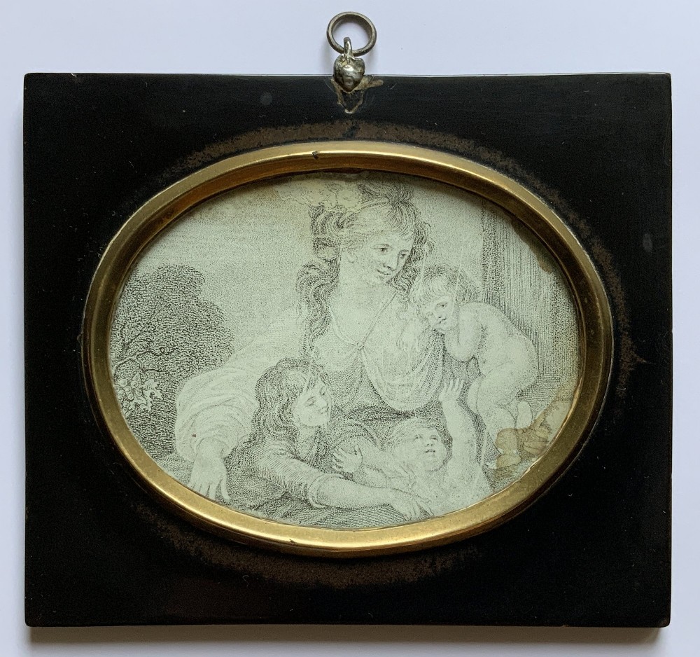 18th Century Georgian Miniature Pen and Ink Quartet Portrait Drawing Ebony Frame