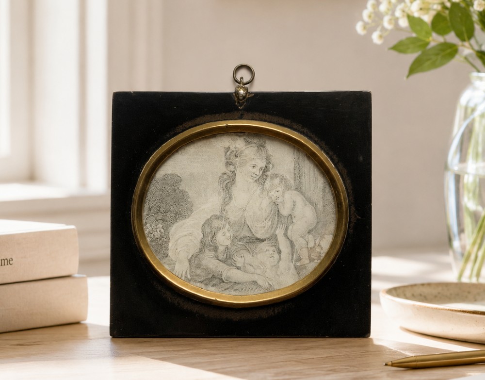 18th Century Georgian Miniature Pen and Ink Quartet Portrait Drawing Ebony Frame View II